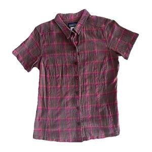 Women’s Patagonia Brown Pink Button-up Shirt Short Sleeve Organic Cotton Size 8